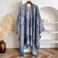 Detail of blue paisley jacquard knit shawl with dense fringe trim for winter - Top (BXS-440) / 145x130cm / Blue