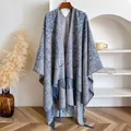 Blue-gray Paisley retro ethnic shawl with tassels for winter warmth and travel photography - Blue