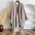 Ethnic paisley floral jacquard shawl with tassel fringe for women in cozy home setting - Tops / 145x130cm / Lotus Pink (BXS-434)