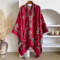 Vintage floral cashmere poncho in burgundy and grey with hand-stitched edging - Tops / 130x152cm / Red