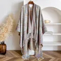 Ethnic paisley jacquard shawl with white fringe hanging on a wooden hanger for autumn winter - Bxs-454 Gray / 145x130cm