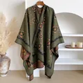 Vintage floral cashmere-feel shawl in dark green with bohemian patterns for winter - Tops / 130x152cm / Olive Green