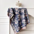 Ethnic floral jacquard scarf in navy blue and pink with elegant fringe tassels - 185x65cm / Sapphire Blue