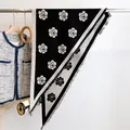 Korean style black and white camellia striped triangular shawl scarf with tassels - 185x66cm / Black (SJ-049)