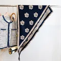 Elegant navy and beige camellia pattern shawl with fringe edges and knit texture - 185x66cm / Deep Blue (SJ-051)