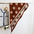 Reddish brown camellia knit scarf with fringe trim in an elegant vintage aesthetic - 185x66cm / Red-Brown (SJ-052)