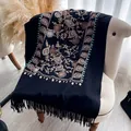 Elegant black cashmere-feel pashmina shawl with floral embroidery and tassel fringe - Cx-066 Black / 200x70cm