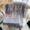 Grayish blue cashmere-like scarf with floral embroidery and long tassel details - Cx-067 Gray / 200x70cm