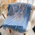 Light blue scarf with vintage floral embroidery and fringe on a soft beige armchair - Cx-068 Royal Blue / 200x70cm