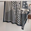 Elegant black and white geometric pattern faux cashmere scarf with soft grey tassels - Fj081-black / 130x130cm
