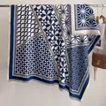 Luxurious navy and beige cashmere-like scarf with geometric patterns and fringe detail - Fj082-blue / 130x130cm