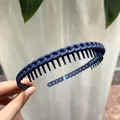 Dark blue matte resin headband with chain link texture and inner non-slip hair comb teeth - Navy Blue