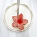 Farbverlauf rosa Frangipani Blumen Haarklammer auf einer weißen Keramik-Schmuckschale - Rot Farbverlauf