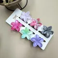 Detailansicht von sechs bunten 4cm Plumeria-Blüten-Haarklammern auf weißer Karte - Perlmutt Acetat Textur Stil (Set Neun)