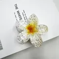 Pinza per capelli a forma di fiore trasparente con sfumatura gialla e glitter lucidi - Serie con Glitter Interni / 8cm / Cuore Giallo (Base Bianca)