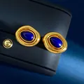 Vintage style gold oval stud earrings with deep blue teardrop gemstone inlay - Stud Earrings / Gold Lapis Lazuli Earrings