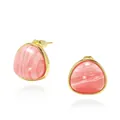 Detail of triangle gold earrings with pink marble stone inlays and soft reflection - Rose Stone Earrings