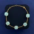 Gold chain bracelet with five square light blue crystals and adjustable clasp - Gold Tone + Light Blue Jade