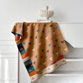 Detail of soft brown cashmere shawl with colorful bee embroidery and striped tassel edges - 185x65cm / Khaki