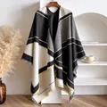 Thick geometric color-block knit shawl with tassels in black, beige and grey tones - Black