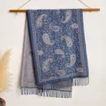 Detail of blue and silver paisley cashmere-like scarf with fringe on wooden hanger - Bxs-054 Blue / 200x65cm