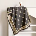 Dark grey cashmere shawl with beige floral diamond pattern and short fringe trim - 200x65cm / Gray