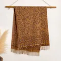 Ethnic floral shawl in mustard yellow with purple jacquard patterns and fringe trim - Bxs-139 Camel / 200x65cm