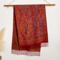 Close-up of red paisley pattern on vintage shawl with decorative soft fringes - 200cmx65cm / BXS-180 Red