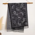 Black and charcoal paisley cashmere scarf with elegant fringe detail hanging style - Bxs-055 Black And White / 200x65cm