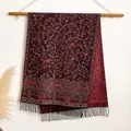 Ethnic floral shawl in dark purple with gold jacquard patterns and black fringe trim - Bxs-142 Black/red / 200x65cm