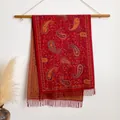 Red paisley cashmere-like shawl with classic fringe and orange ethnic patterns - Bxs-056 Red / 200x65cm