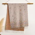 Floral ethnic style scarf with double-sided jacquard pattern and white tassels - Bxs-143 White Camel / 200x65cm