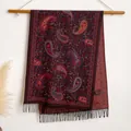 Thick burgundy paisley cashmere scarf with elegant black tassels on a wooden hanger - Bxs-057 Black And Red / 200x65cm