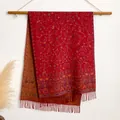 Ethnic floral embroidered scarf in deep red with fringe and orange contrast - Bxs-144 Red / 200x65cm