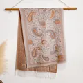 Dikke kasjmier sjaal met paisley-patroon in beige en oranje en franje rand - Bxs-058 Beige / 200x65cm
