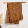 Scialle pashmina bohémien con motivo paisley giallo zenzero e frange - Bxs-072 Kaki / 200x65cm