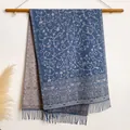 Ethnic floral shawl in navy blue and purple grey with decorative fringe details - Bxs-147 Blue / 200x65cm