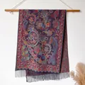 Ethnic paisley pattern scarf in deep purple with fine tassels hanging on wooden rod - Bxs-198 Purple / 200x65cm
