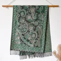 Ethnic paisley shawl scarf in dark green and black with elegant fringe tassels - Bxs-199 Green / 200x65cm