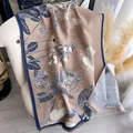 Brown and blue floral cashmere scarf with butterflies and delicate tassels - 185x65cm / Grey Blue