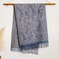 Ethnic paisley cashmere feel shawl with navy blue pattern and elegant fringe trim - 200cmx65cm / BXS-178 Blue