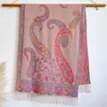 Pink cashmere-feel pashmina shawl featuring vibrant paisley floral jacquard with tassels - 200x65cm / Pink