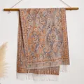 Bohemian paisley jacquard pashmina shawl in orange and grey blue with white fringe - 200cmx65cm / BXS-179 Khaki