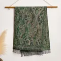 Dark green and earth tone paisley jacquard scarf with decorative black fringe tassels - 200cmx65cm / BXS-181 Green