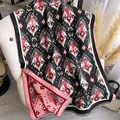 Ethnic ikat pattern cashmere shawl with red geometric prints and fringe details - 185x65cm / Black