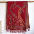Red paisley cashmere-like shawl with intricate jacquard weave and matching fringe - 200x65cm / Red