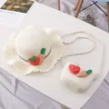 Chapeau de paille et sac assorti avec de jolis patchs fraise et carotte pour filles - Ensemble chapeau / Blanc Lait