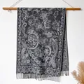 Ethnic paisley pattern scarf with fringe trim in dark grey and beige cotton blend - Bxs-205 Dark Gray / 200x65cm