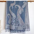 Gray blue vintage paisley floral jacquard pashmina shawl scarf with fringe edges - 200x65cm / Blue