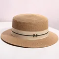 Elegant natural straw boater hat with a chic ribbon and a metallic M letter accent - M (56-58cm) / Khaki